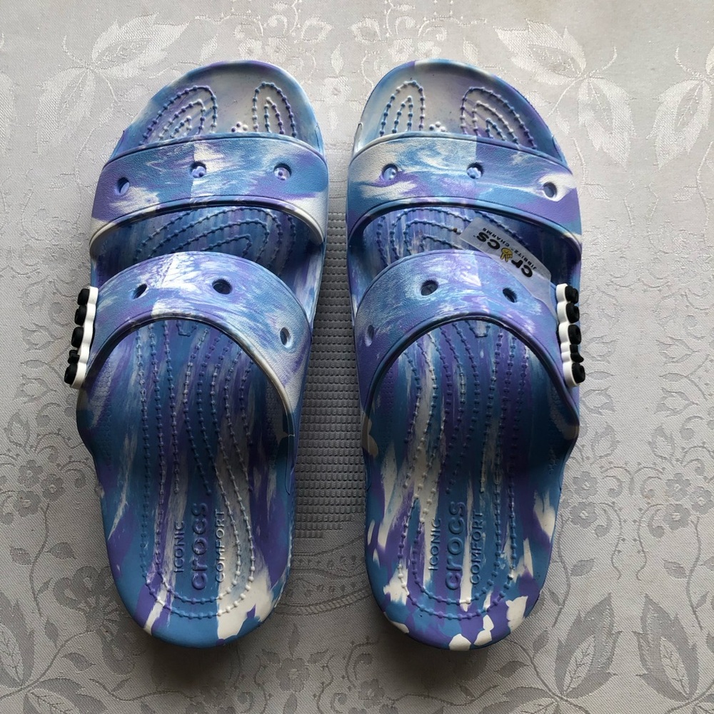 Crocs Logo Purple/White Marbled Sandals Slip-On Rubber Shoes Women’s Size 7